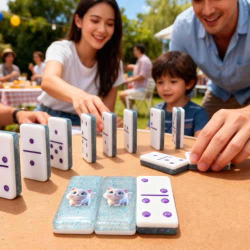 IDTQ Blue Cat-Themed Dominoes Set for Adults - Double 6 Dominoes 28 Tiles with Adorable Cat Illustration - Fun Family Board Game & Gift for Cat Lovers - color: Blue