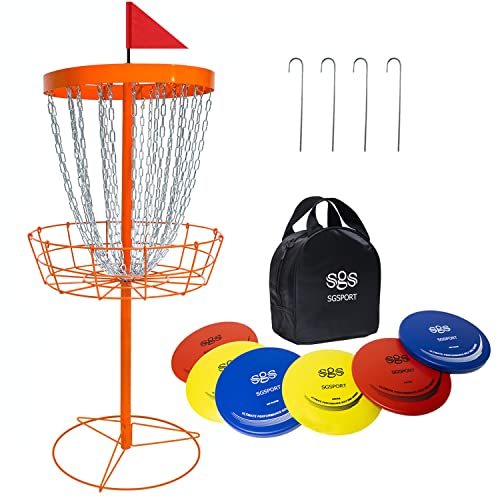 Disc Golf Basket - Portable Disc Golf Target with Heavy Duty 24-Chains Come with 6pcs Disc Golf Discs and Carry Bag, Ground Stake -Suitable for Players of All Levels - Multi Color Available - style: Plus-Orange- 6 PCS