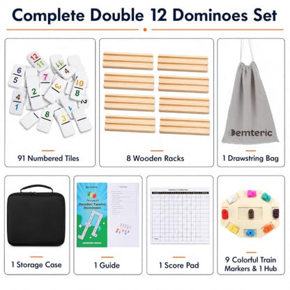 Mexican Train Dominoes Set Double 12 Number Domino Tiles, 91 Colorful Number Dominos Tiles with 8 Wooden Racks, Hub & Trains, Portable Domino Game Set for Adults Kids Families - style: Double 12 Number + 8 Racks