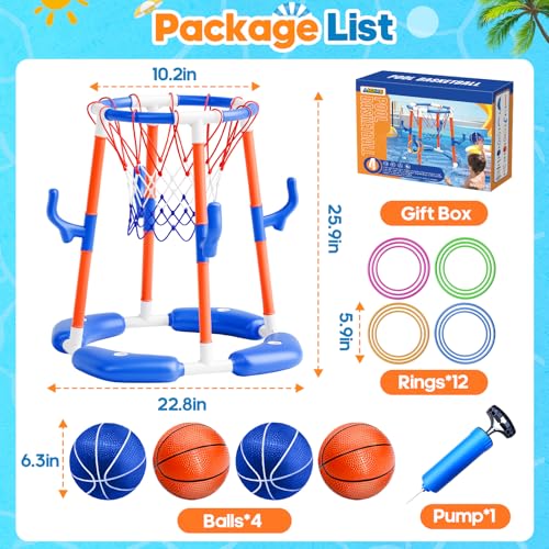 AIGIMU Pool Basketball Hoop, 2-in-1 Floating Pool Toys Ring Game with 4 Balls and Pump, Outdoor Swimming Pool Games for Kids Adults Water Basketball for Pool Basketball Games for Outdoor Indoor Play