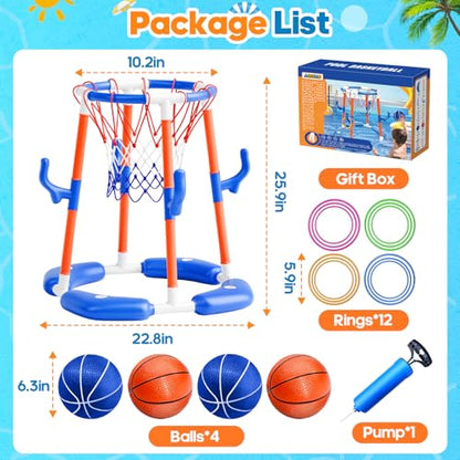 AIGIMU Pool Basketball Hoop, 2-in-1 Floating Pool Toys Ring Game with 4 Balls and Pump, Outdoor Swimming Pool Games for Kids Adults Water Basketball for Pool Basketball Games for Outdoor Indoor Play