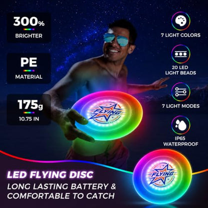 Glow in the Dark LED Flying Disc - 7 Dynamic Modes, 7 Colors, IP65 Waterproof, Perfect Birthday & Camping Gift for Men/Teens/ - Outdoor Games, 175g, 14+