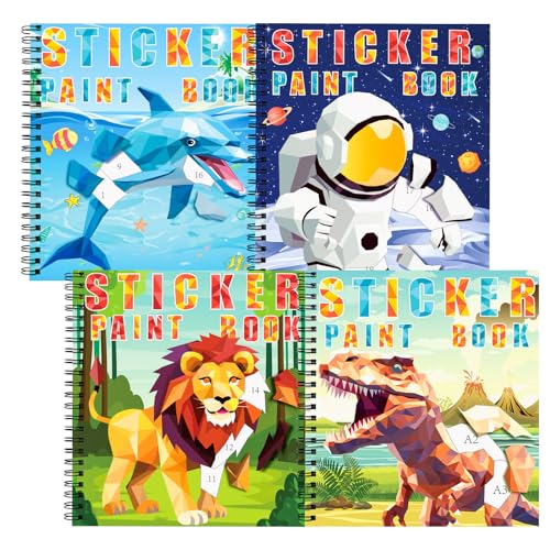 homicozy 4PCS Sticker Paint Books for Kids Ages 4-10,Dinosaur Astronaut Ocean Animals Designs Paint By Stickers,Sticker By Numbers,Party Birthday Gifts for Boys 4-10,Create 40 Pictures At a Time - style: Style2-4PCS