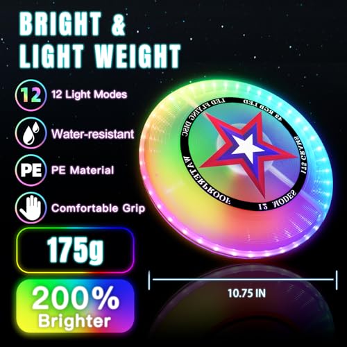 LED Flying Disc with Millions of Colors, Rechargeable & Water-resistant, 42 LEDs, 7+5 Light Modes, 175g Light Up Disc, Outdoor Toys for Kids Ages 4-8, Camping Equipment for Boys 8-12 Teens Men