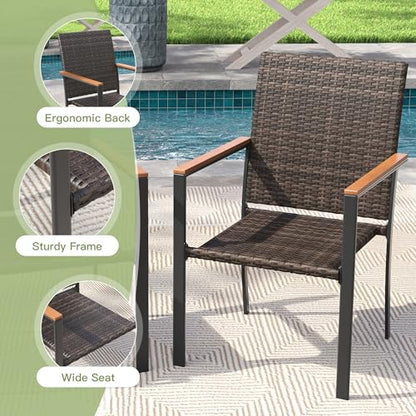 Patio Dining Set for 4, 37.8" Square Metal Table with Umbrella Hole and Stackable Wicker Patio Chairs, Outdoor Furniture Set for Deck Backyard Garden, Walnut Chairs, Black Table