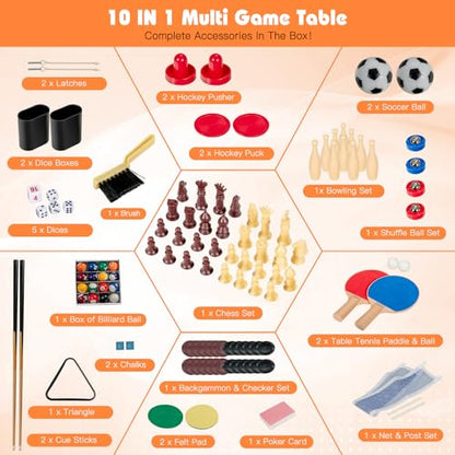 GYMAX Multi Game Table, 10 in 1 Combo Game Table w/Foosball Table, Hockey, Pool Table, Ping Pong, Shuffleboard, Bowling & 4 Board Games, Game Tables for Game Room, Home, Family - color: Natural