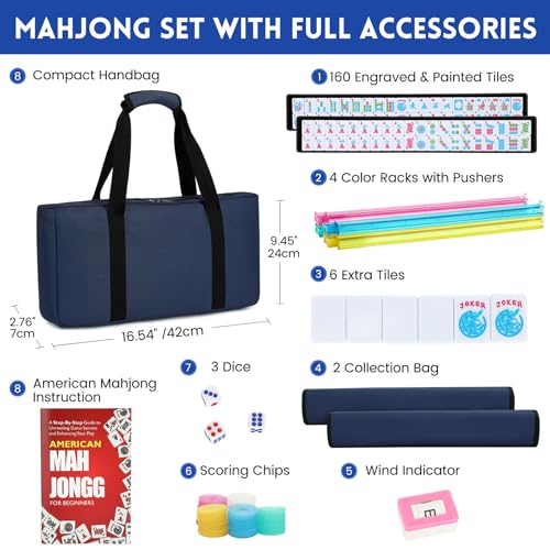 American Mahjong Tile Set,166 Blue Tiles Mahjong Set,4 Colors Mahjong Racks,Travel Mahjong Set with Blue Carrying Bag - style: Blue Bag--Blue Tile