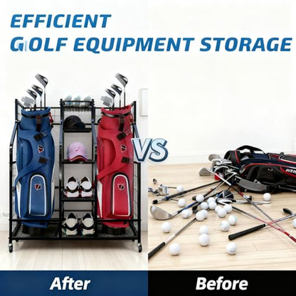 Golf Bag Storage Organizer Stand with Wheels- Heavy Duty Steel Rack Holds 2 Golf Bags with Central Storage Shelf for Golf Balls, Shoes & Accessories, Space Saving Garage Golf Club Equipment Holder