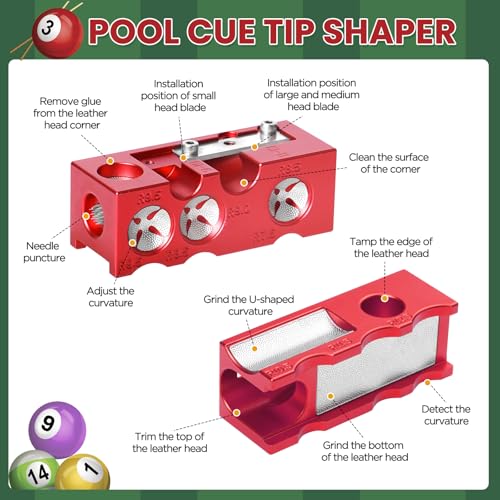 11-in-1 Aluminum Alloy Pool cue Tips Replacement kit,Pool cue tip Shaper,Professional Cue Stick Tool Kit,Pool cue Shaper Accessories for Replacement and Shaping Cue Tips (Red)
