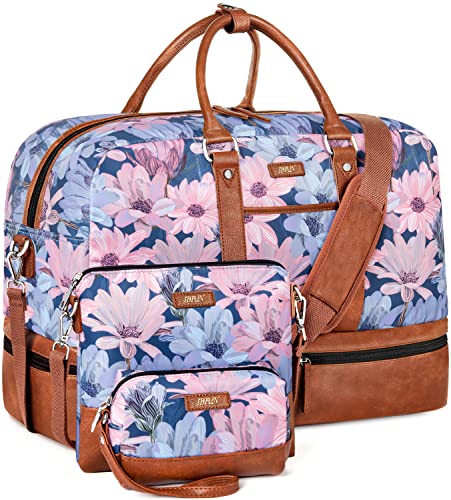 Weekender Bag for Women, Large Overnight Bag Canvas Travel Duffel Bag Carry On Tote with Shoe Compartment 21" 3Pcs Set - color: A10-brown+blue flower