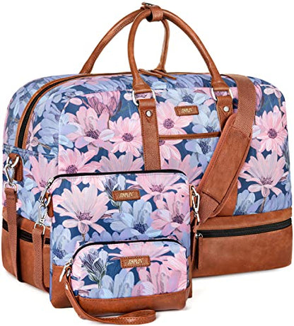 Weekender Bag for Women, Large Overnight Bag Canvas Travel Duffel Bag Carry On Tote with Shoe Compartment 21" 3Pcs Set - color: A10-brown+blue flower