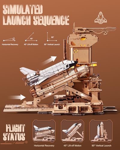 ROBOTIME 3D Space Shuttle Wooden Puzzle for Adults, Dynamic Rocket Launch Model Building Kits with Lights, AS Home Desktop Decoration for Men Gifts (446 Pieces,8 Hours Finished)