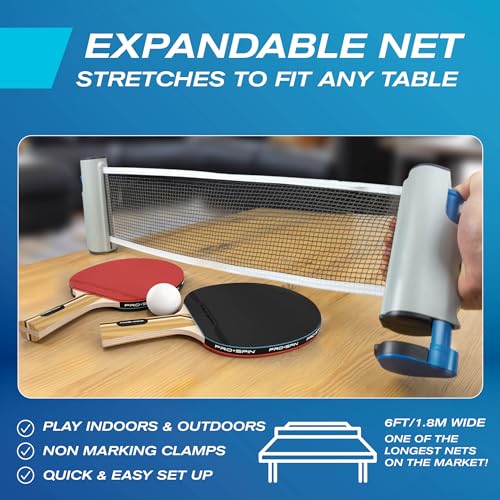 PRO-SPIN Portable Ping Pong Set with Retractable Ping Pong Net for Any Table, All-in-One Table Tennis Set with Ping Pong Paddles, Balls & Case, Table Top Family Game - color: 2-Player Set | Active Red