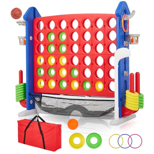 PeakPursuit Giant 4-in-a-Row Game Set for Kids & Adults, Backyard Outdoor Family Game with Adjustable Height, Golf Basketball Ring Toss, 42 Jumbo Rings, Easy Set Up, Carry Bag - color: Blue