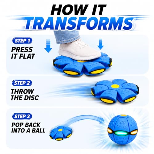 2 Pack LED Light Up 6-Lights Magic Bouncing Ball Toy, Transforming Flying Disc Ball, Pop-Up Rebound Ball, Outdoor Toss & Catch Interactive Sports Game for Backyard Play