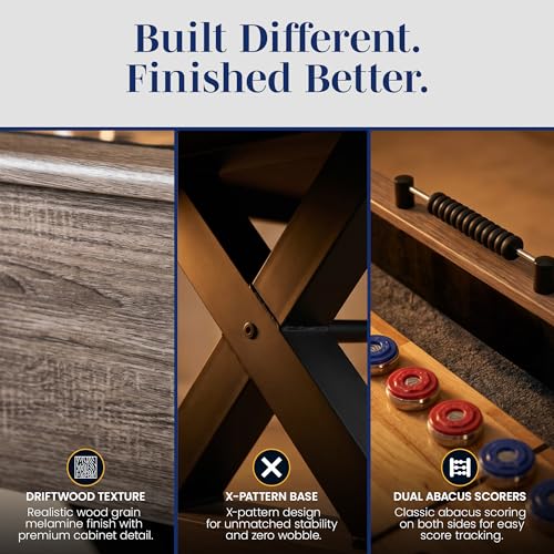 Hathaway Excalibur 9-Ft Shuffleboard Table for Great for Family Recreation Game Rooms, Designed with a Rustic Driftwood Finish with Built-In Leg Levelers, Includes 8 Pucks, Table Brush and Wax