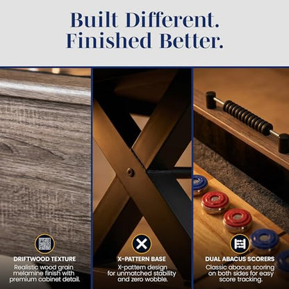 Hathaway Excalibur 9-Ft Shuffleboard Table for Great for Family Recreation Game Rooms, Designed with a Rustic Driftwood Finish with Built-In Leg Levelers, Includes 8 Pucks, Table Brush and Wax