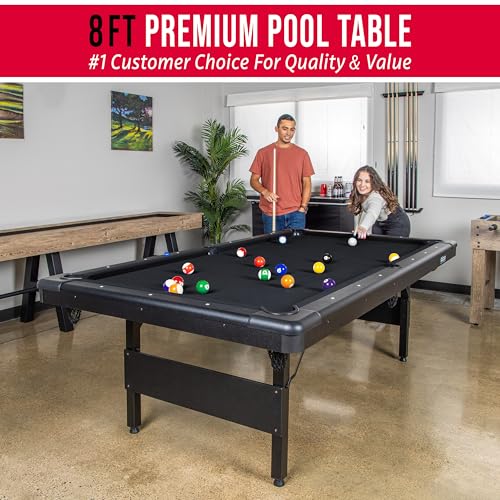 GoSports 6, 7, or 8 ft Billiards Tables - No Assembly, Choose Your Color - Portable Pool Table Includes Full Set of Balls, 2 Cue Sticks, Chalk and Felt Brush - style: 8 ft Black