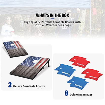 Wild Sports 2’x3’ or 2’x4’ Cornhole Outdoor Game Set, USA Flag or Natural Wood Options with Carry Bag Included – Perfect for Backyard, Beach, and Tailgates, Add On Extra Bags