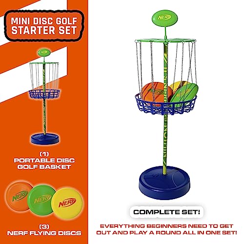 Nerf Disc Golf Starter Set - (3) Mini Golf Discs + (1) Target Basket Included - Complete Portable Set for Backyard + Beach Play