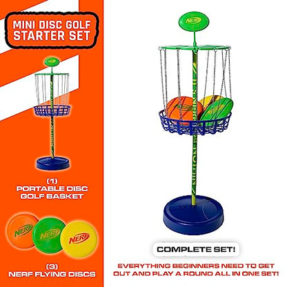 Nerf Disc Golf Starter Set - (3) Mini Golf Discs + (1) Target Basket Included - Complete Portable Set for Backyard + Beach Play
