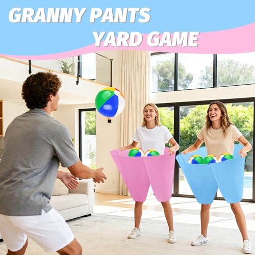 Granny Pants Game with Bouncy Balls and 1 Air Pump (Random Colors), Granny Pants Outdoor Game Baby Shower Funny Party Game for Adults & Families, Big Pants Ball Game Granny Pants Yard Game - color: Baby Blue+Pink