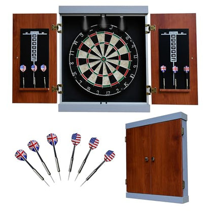 Hathaway Geneva Dartboard and Cabinet Set - Includes 18-in Dartboard, Steel-Tip Darts, Chalk Scoreboards - Perfect for Family Game Rooms, Basements, Home Bars, Wood Grain/Black/Gray