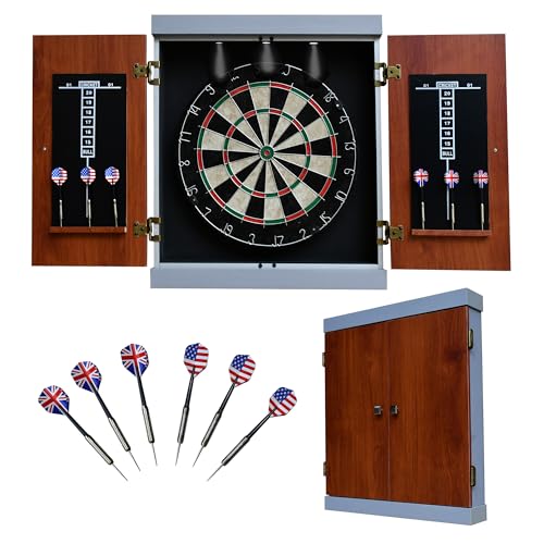 Hathaway Geneva Dartboard and Cabinet Set - Includes 18-in Dartboard, Steel-Tip Darts, Chalk Scoreboards - Perfect for Family Game Rooms, Basements, Home Bars, Wood Grain/Black/Gray
