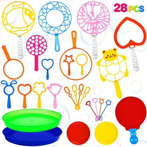 28 Pcs Big Bubble Wand Bulk Set for Summer Outdoor Games Activities Party Favors Birthday Supplies, Big Bubble Maker with Tray