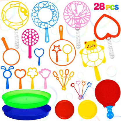 28 Pcs Big Bubble Wand Bulk Set for Summer Outdoor Games Activities Party Favors Birthday Supplies, Big Bubble Maker with Tray