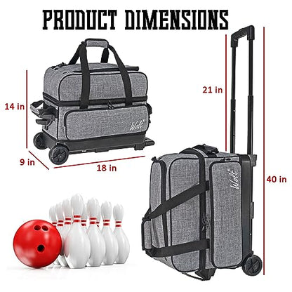 WOLT Double Roller 2 Ball Bowling Bag with Separate Shoe Compartment, Large Capacity Bowling Ball Bag with Accessory Pocket, Retractable Handle Extends to 40" - color: Grey