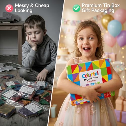 Magnetic Tiles for Kids Gift: 48 PCS Diamond Large Magnet Building Blocks in Storage Tin Box - 7.5cm Big Size 3D STEM Sensory Toy - Boys Girls Age 3-6 Birthday Party - style: Large Magnetic Tiles - 48PCS