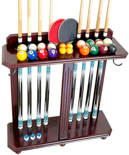 Wooden Billiard Cue Rack Hold up to 10 Pool Cue Sticks, Pool Cue Stick Holder, Floor Stand Pool Cue Holder for Billiard Game Room (Dark Mahogany)