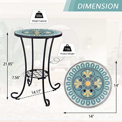 VCUTEKA Outdoor Side Table Mosaic Patio Table Accent Tables Mosaic Tile Top Metal Frame Small End Tables Porch Beach Patio Garden Balcony Green 14'' - color: Green