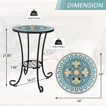 VCUTEKA Outdoor Side Table Mosaic Patio Table Accent Tables Mosaic Tile Top Metal Frame Small End Tables Porch Beach Patio Garden Balcony Green 14'' - color: Green