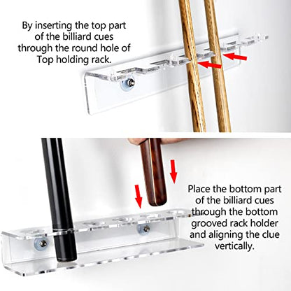 Pool Cue & Ball Rack Wall Mount – Acrylic Billiard Storage Holder, Self-Adhesive or Screw Mounted, Space-Saving Game Room Organizer (Top Clip 6 Cues Holder) - style: Top Clip 6 Cues Holder