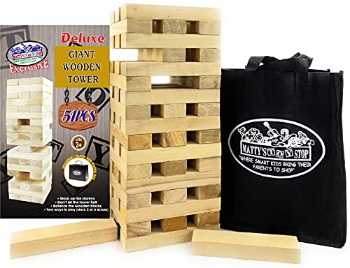 Mɑtty's Toy Stop Deluxe 51pc Giant Wood Tower Stacking Game with Storage Bag (Starts 17" Tall)