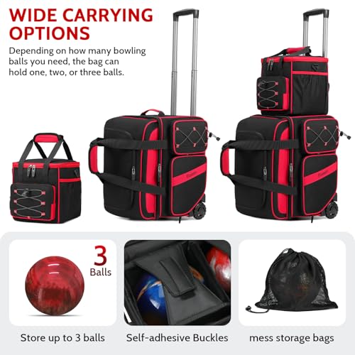 BOSSTIN 3 Ball Bowling Bag with Wheels, 2 Ball Bowling Bags Double roller with 1 Ball Add On Bag, Multi-Pockets & Shoe Compartment (Fits Up to Size 15) - color: Red