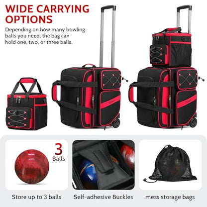BOSSTIN 3 Ball Bowling Bag with Wheels, 2 Ball Bowling Bags Double roller with 1 Ball Add On Bag, Multi-Pockets & Shoe Compartment (Fits Up to Size 15) - color: Red