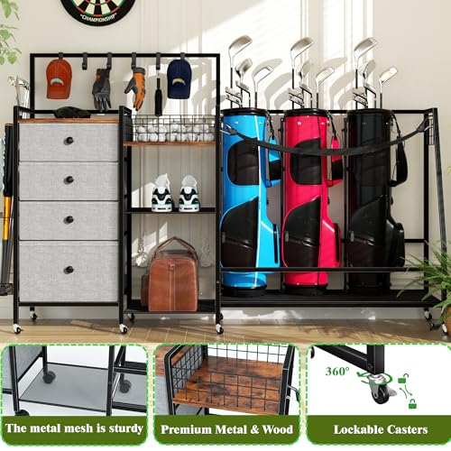 DALEMHOME Golf Bag Storage Rack for Garage, Extra Large 70.07" Golf Organizer Fits 3 Golf Bags, Heavy Duty Metal Golf Equipment Storage Stand with 4 Drawers, Side Basket and Lockable Casters