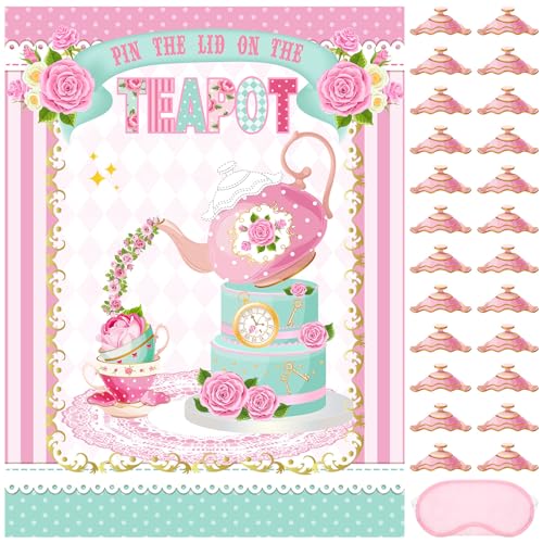 Faccito Tea Party Games Pin The Lid on The Teapot with 24 Lid Stickers Pink Blindfold Floral Poster Pin Games Set Birthday Decorations for Women Let's Par Tea Birthday Party Activity Supplies - style: Tea