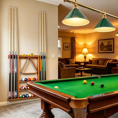 Brown Pool Stick Holder, Wall Mount Pool Cue Rack ,Solid Wood Floor Stand for billiard cue sticks,Holds 6 Pool Cues & a Full Set of Balls,Professional Pool Table Accessories for Billiard Room or Club