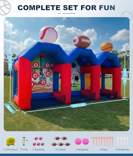 Inflatable Carnival Games, Inflatable Basketball Shot Football Baseball Toss Throwing Target, Basketball Football Baseball Game with 750w Blower for Indoor Outdoor, Party, Lawn Interactive Game