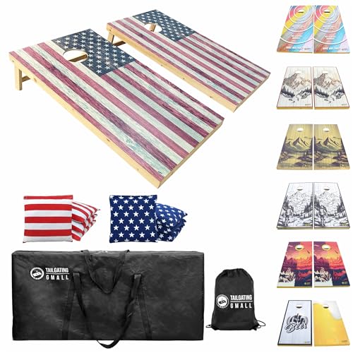 Cornhole Board Set 4FTx2FT Solid Wood Regulation Size Cornhole Set Includes 8 Cornhole Bags for Adults - color: American Flag