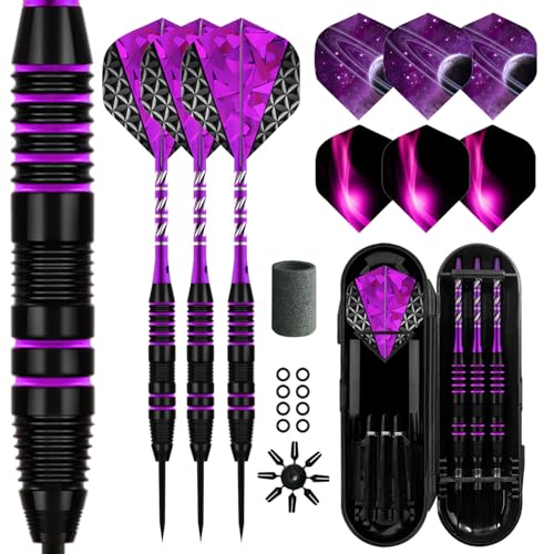 Dart Metal Tip Set 3 Aluminum Dart Shafts Steel Tip Dart Set Professional Darts Steel Tip Set + Extra 3 Dart Flights 3 Replace Plastic Shafts - color: purple