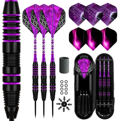 Dart Metal Tip Set 3 Aluminum Dart Shafts Steel Tip Dart Set Professional Darts Steel Tip Set + Extra 3 Dart Flights 3 Replace Plastic Shafts - color: purple