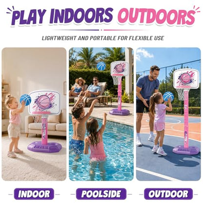 YESHIN Toddler Basketball Hoop Adjustable Height 30-55 Inch with 4 Balls, Large Stable Water-Fill Base, Indoor Outdoor Poolside Kids Basketball Goal for Boys Girls Ages 1-8 Birthday Gift -Pink - color: Pink