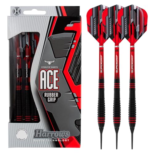 Harrows Ace Rubber Brass Soft Tip Darts Set - 16g or 18g - Includes Supergrip Shafts, Micron Marathon Flights & Convenient Travel Case (Weight 16g Set)
