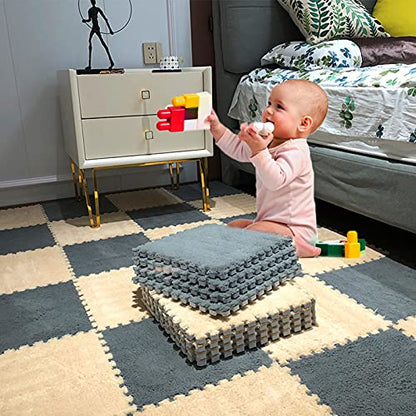 12 pcs Thickened Plush Interlocking Floor Mat 0.6" Thick- Fluffy Square Tiles with 12 Edgings Soft Anti-Slip Puzzle Area Rug Playmat for Room (11.8", Gray & Light Brown) - color: Gray & Light Brown
