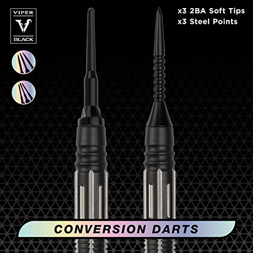 Viper Black Flux 90% Tungsten Conversion Darts, Professional Darts Steel Tip and Soft Tip Dart Set for Sisal and Electronic Dartboards, 20 Grams - color: Black/Silver